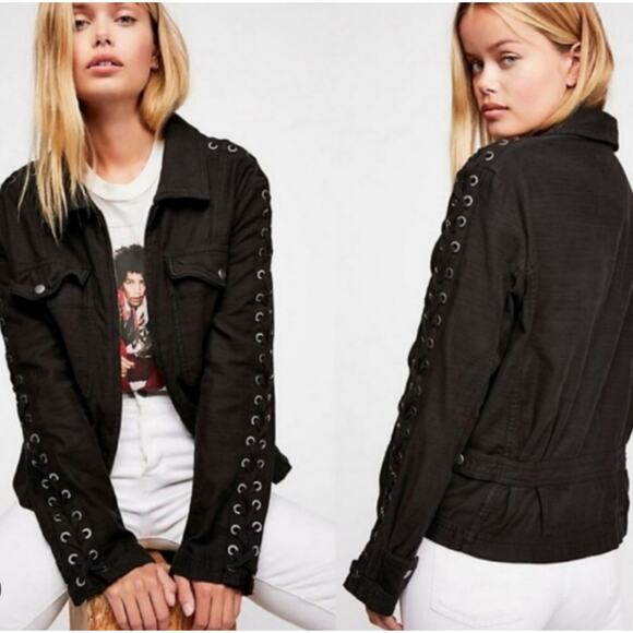 Free People Faye Cotton Black Military Lace Up Jacket - Picture 7 of 7